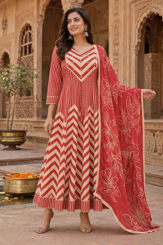 Brick Red & Beige Printed Anarkali Suit Set with Dupatta