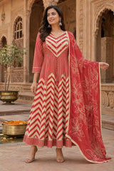 Brick Red & Beige Printed Anarkali Suit Set with Dupatta